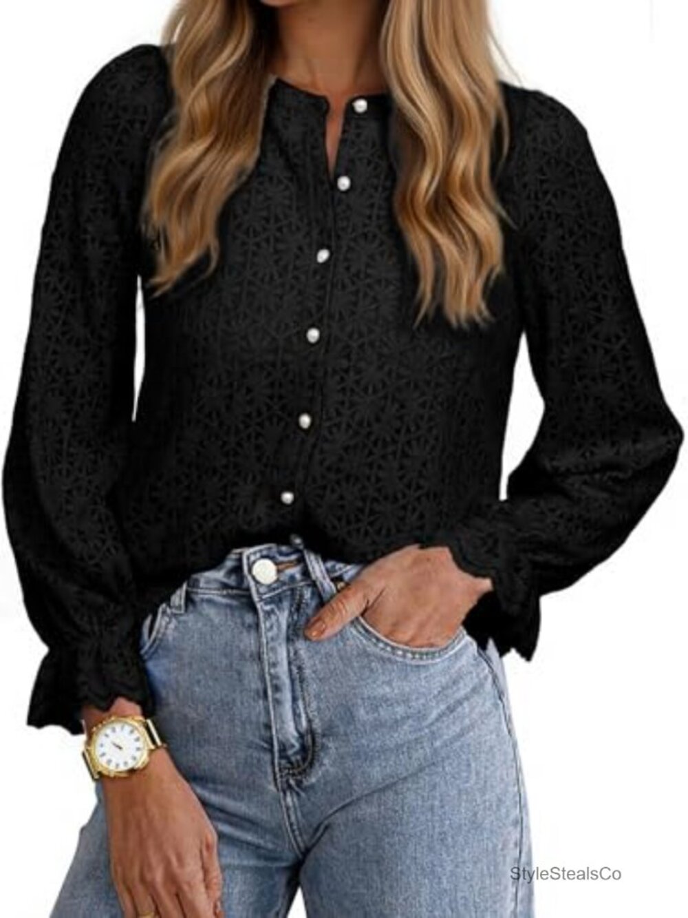 Lace Long Sleeve Button Down Blouse Hollow Out Knit Top